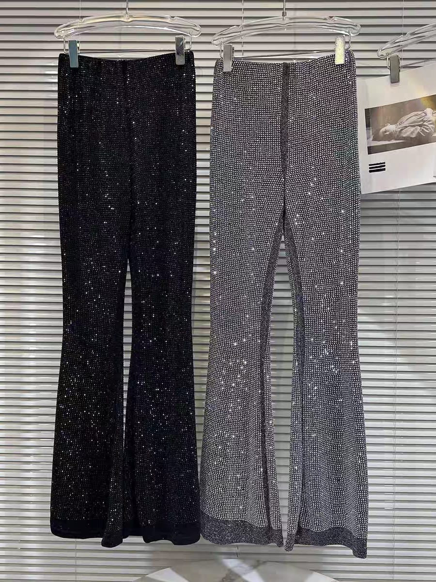 Rachael Flare Pants for Women's Stretch 1980s Sparkle With Rhinestones